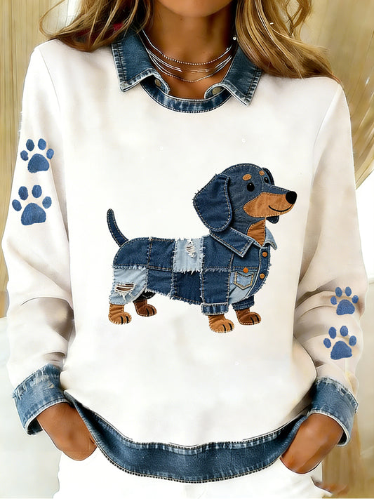 Kvinders Vintage Denim Patchwork top med Animal Art Print, Casual og behagelig