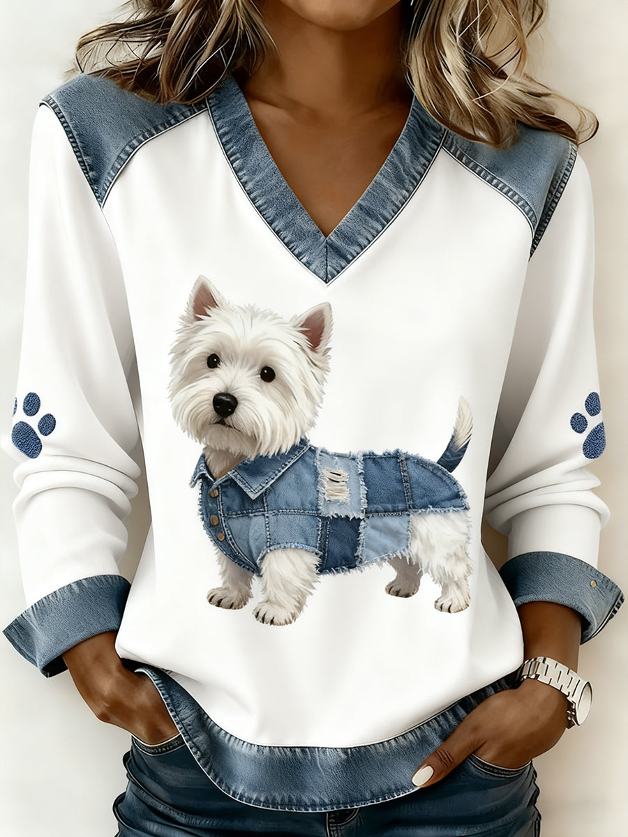 Kvinders Retro V-hals Denim Patchwork Animal Print Casual Comfort Toppe