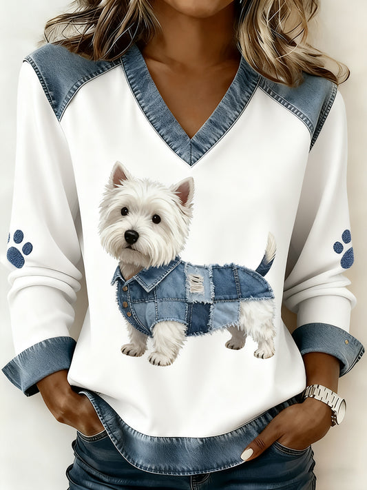 Kvinders Retro V-hals Denim Patchwork Animal Print Casual Comfort Toppe