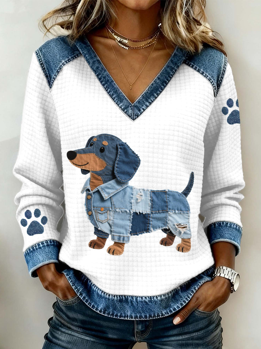Kvinders dejlige hunde mønster Denim Patchwork V-hals øverst