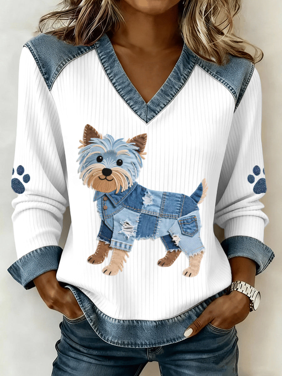 Kvinders dejlige Yorkshire Terrier hunde mønster Denim Patchwork V-hals topp