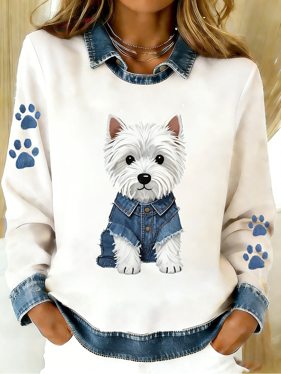 Kvinders Vintage Denim Patchwork top med Animal Art Print, Casual og behagelig