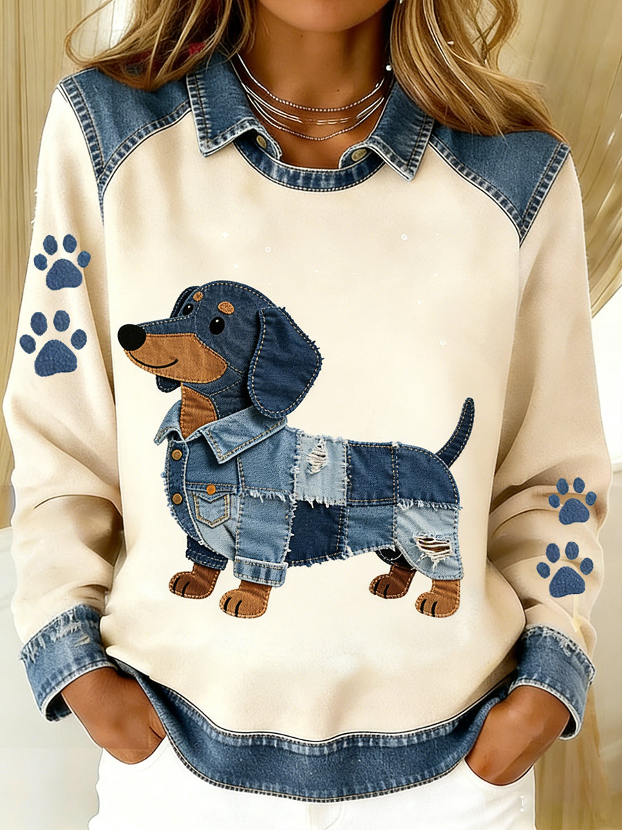 Kvinders Vintage Denim Patchwork top med Animal Art Print, Casual og behagelig