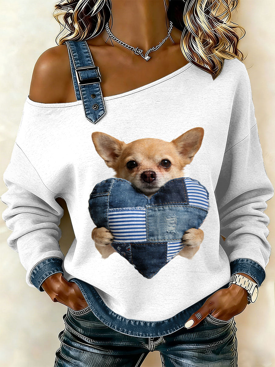 Kvinders Vintage hund Patchwork Print Casual Off-Shoulder Sweatshirt