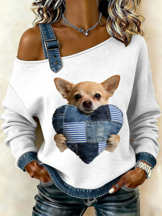 Kvinders Vintage hund Patchwork Print Casual Off-Shoulder Sweatshirt