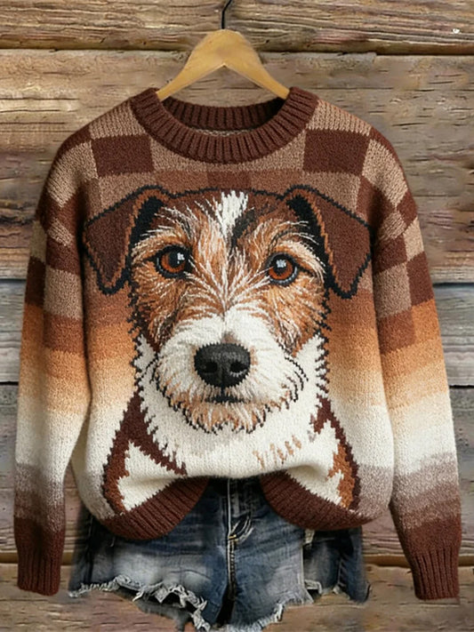 Kvinders Vintage Plaid Pet Hund Mønster Hyggelig sweater.