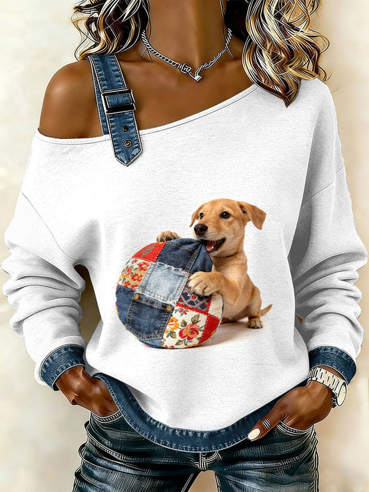 Kvinders Vintage Cat Patchwork Print Casual Off-Shoulder Sweatshirt