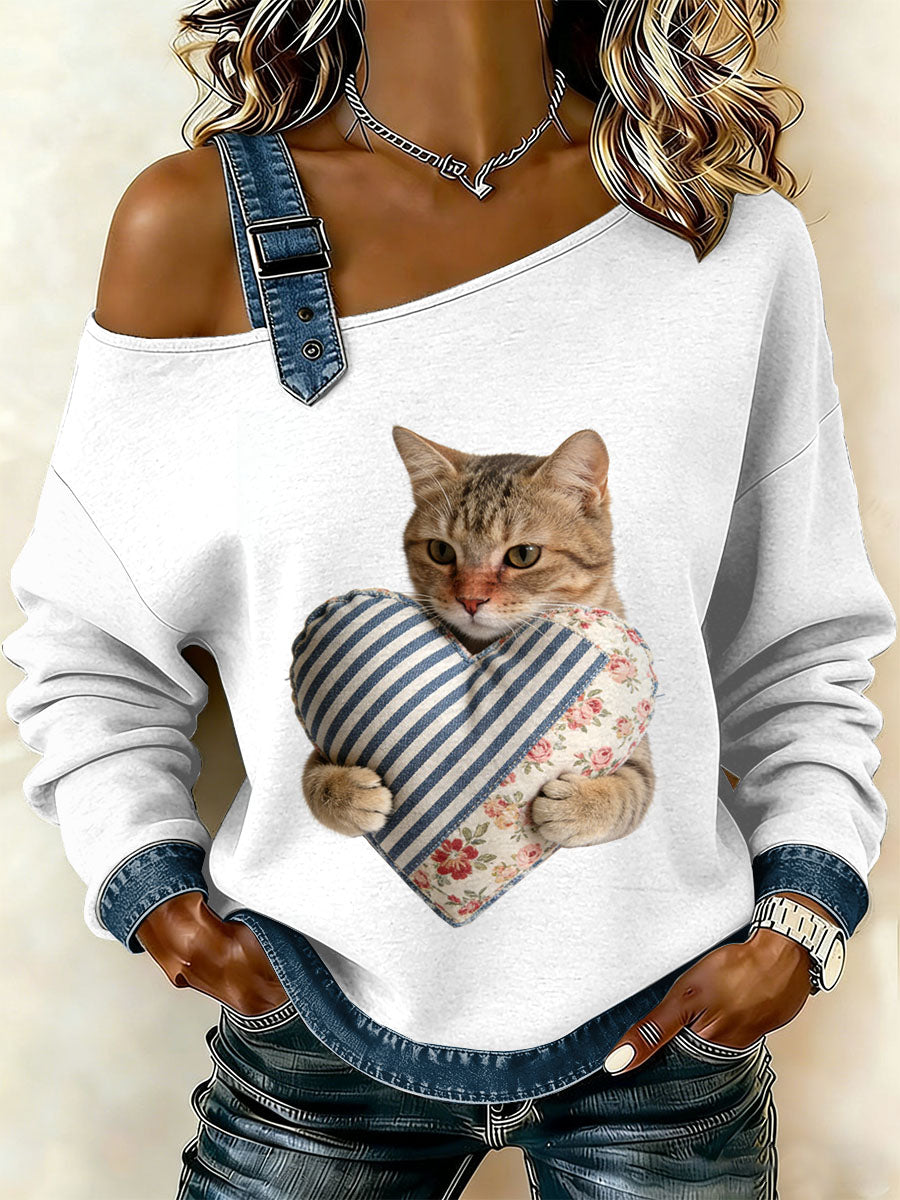 Kvinders Vintage Cat Patchwork Print Casual Off-Shoulder Sweatshirt