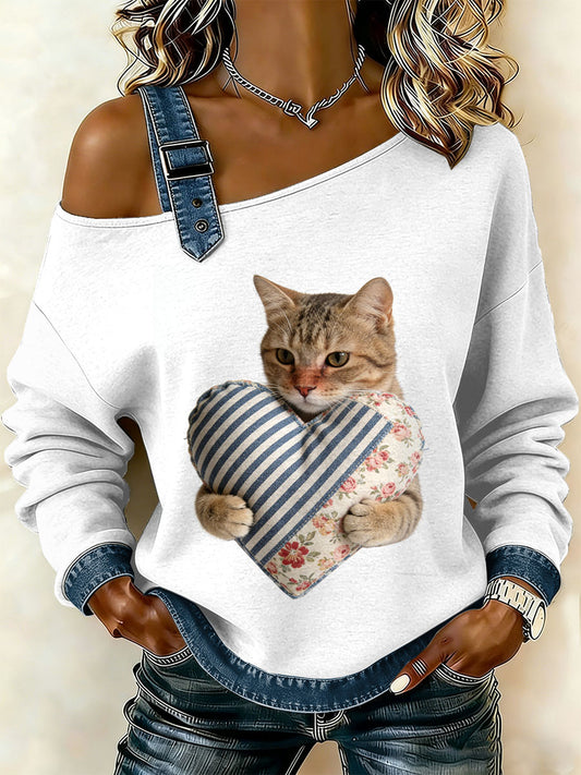 Kvinders Vintage Cat Patchwork Print Casual Off-Shoulder Sweatshirt