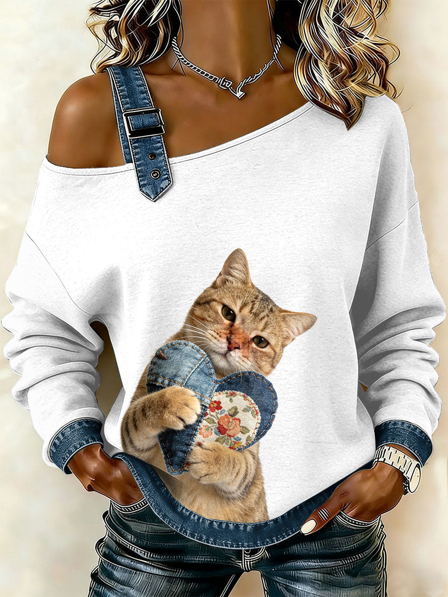 Kvinders Vintage Cat Patchwork Print Casual Off-Shoulder Sweatshirt