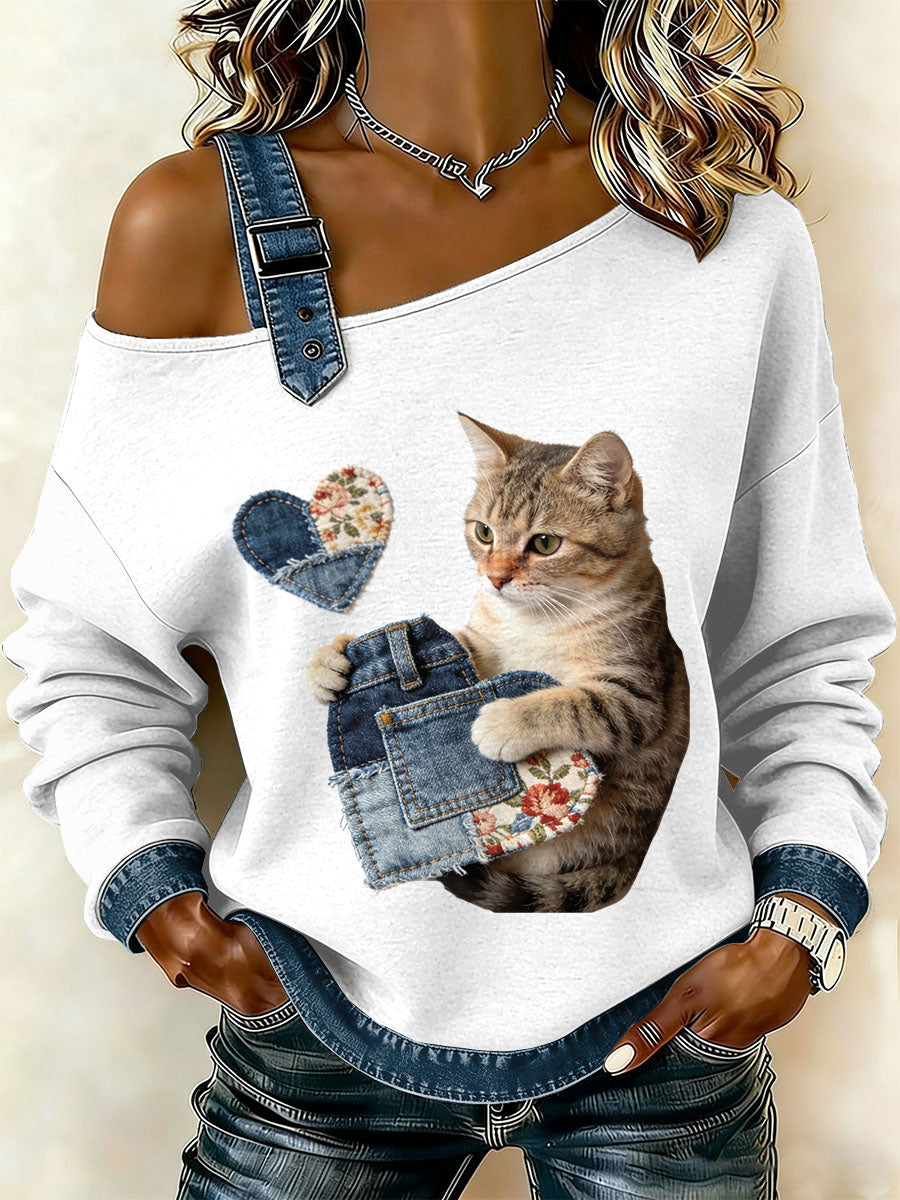Kvinders Vintage Cat Patchwork Print Casual Off-Shoulder Sweatshirt