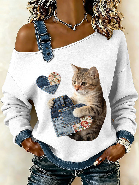 Kvinders Vintage Cat Patchwork Print Casual Off-Shoulder Sweatshirt