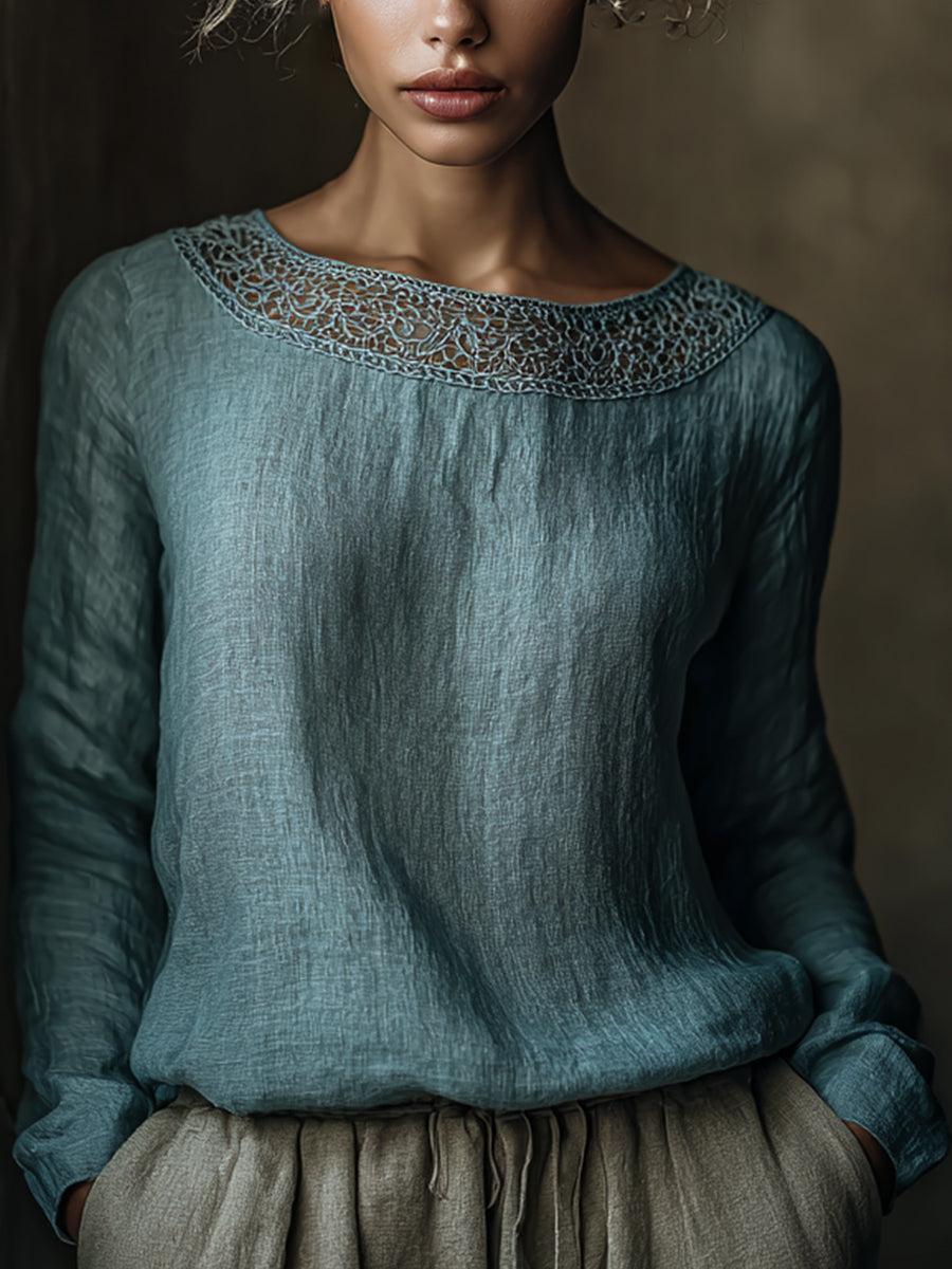 Kvinder Elegant blonder lappeværk Linen skjorte