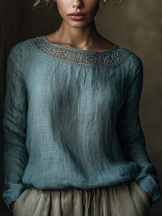 Kvinder Elegant blonder lappeværk Linen skjorte