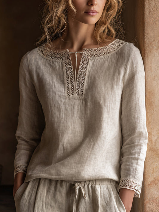Kvindernes Vintage Lace Patchwork Linen skjorte
