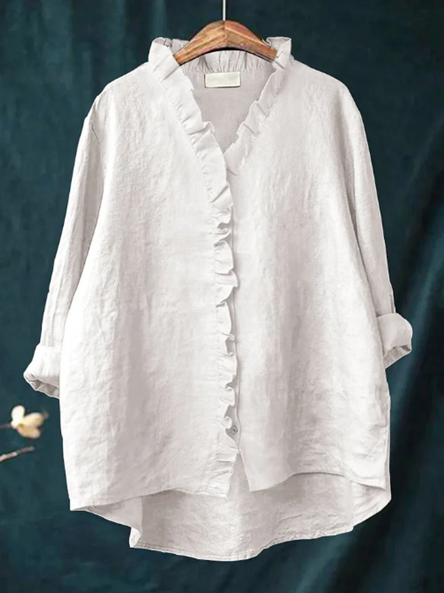Kvinder Casual bomuld og linned Ruffle skjorte