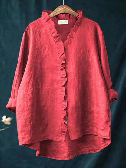 Kvinder Casual bomuld og linned Ruffle skjorte