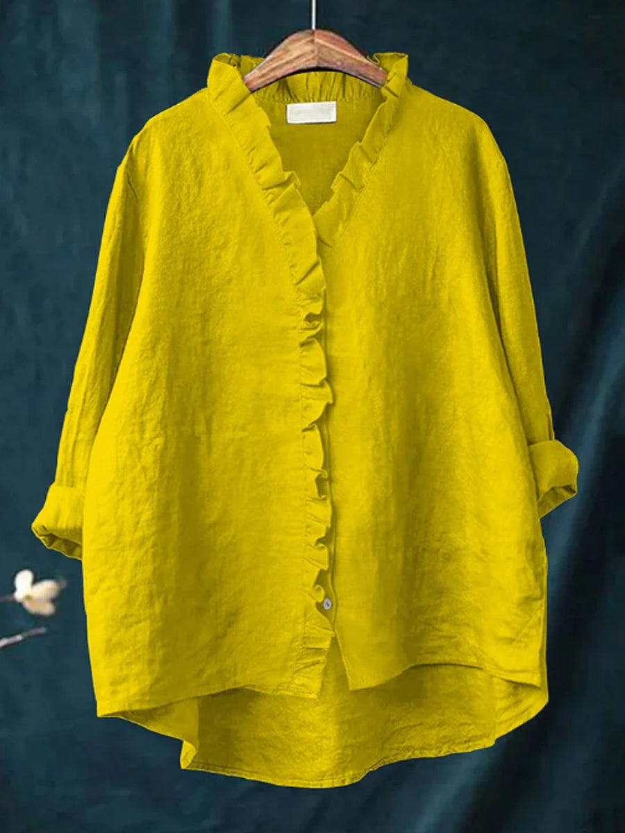 Kvinder Casual bomuld og linned Ruffle skjorte