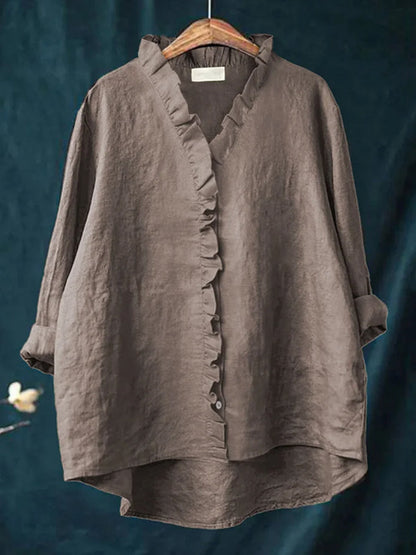 Kvinder Casual bomuld og linned Ruffle skjorte