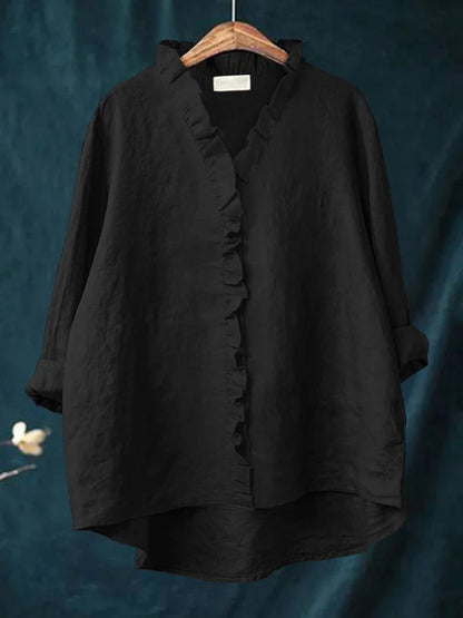 Kvinder Casual bomuld og linned Ruffle skjorte