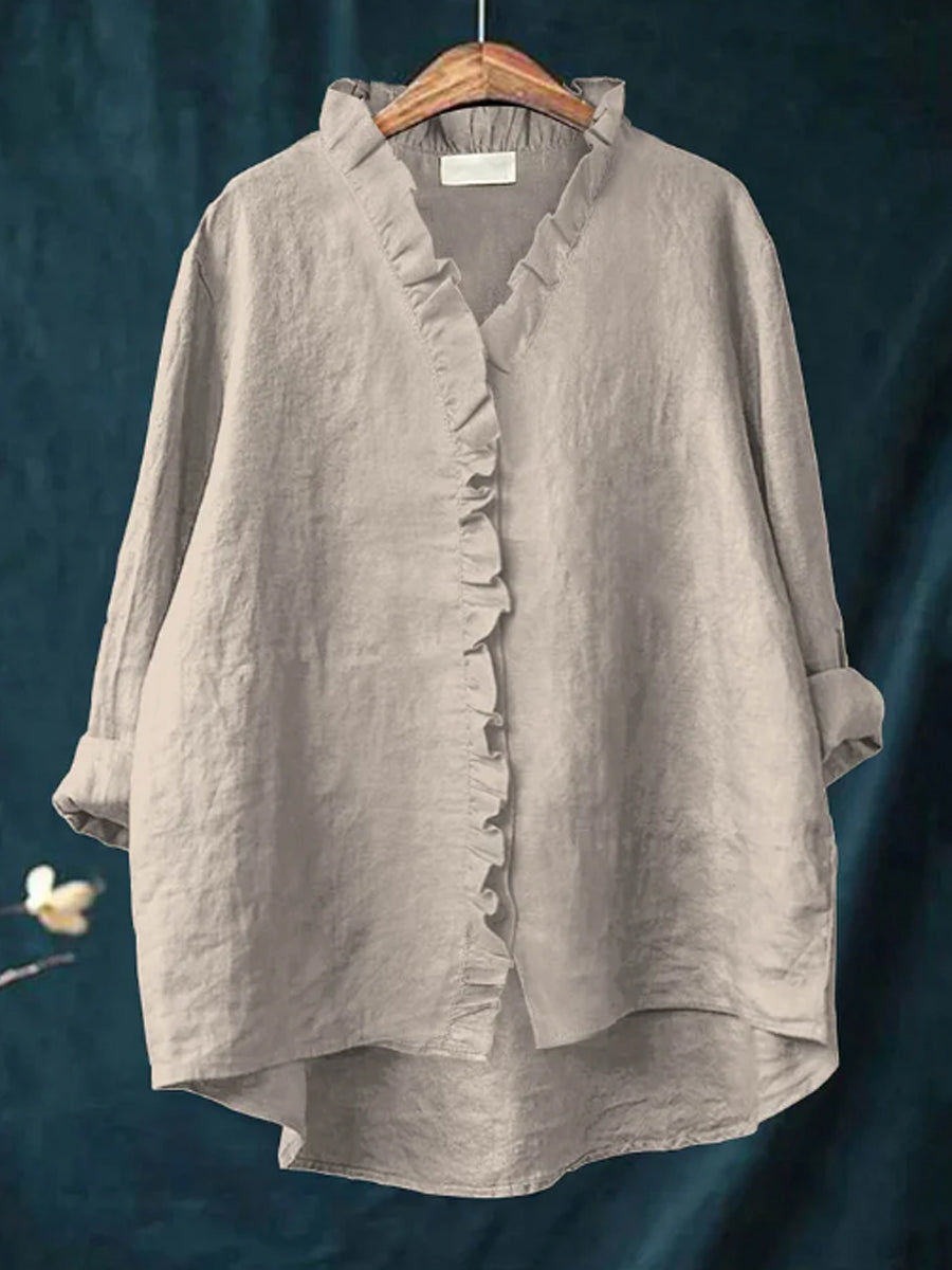 Kvinder Casual bomuld og linned Ruffle skjorte