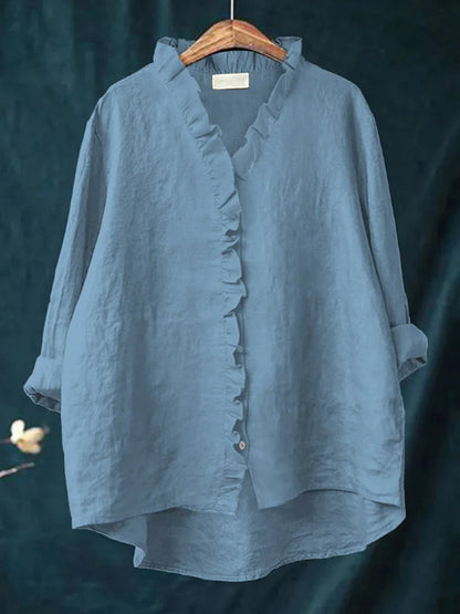 Kvinder Casual bomuld og linned Ruffle skjorte
