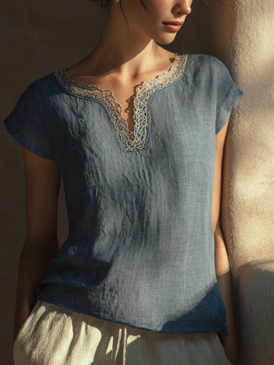 Kvinder Elegant blonder lappeværk Linen skjorte