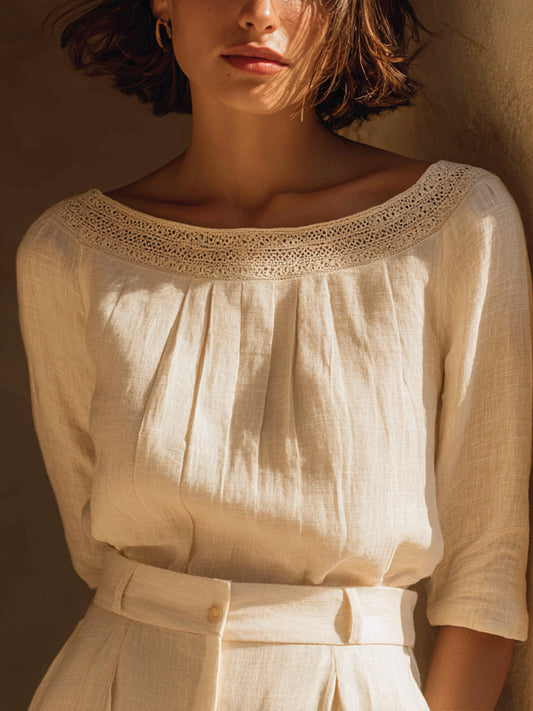 Kvinder Elegant blonder lappeværk Linen skjorte