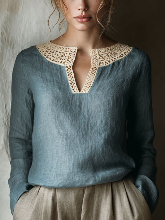 Kvindernes Vintage Lace Patchwork Linen skjorte