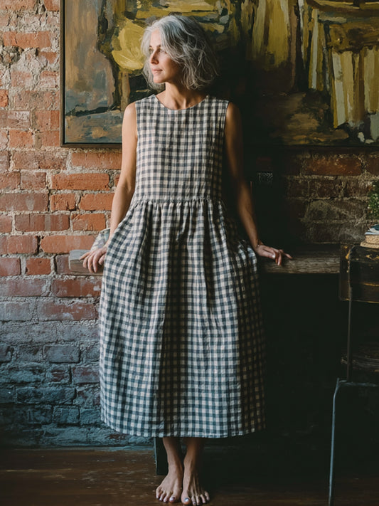 Kvinders Vintage Plaid Linen Elegant kjole