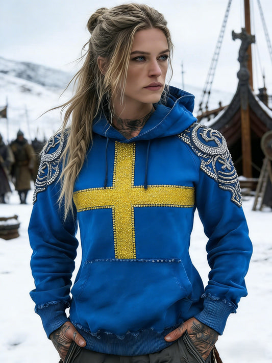 Kvinders Vintage Viking svensk Rhinestone nødsted kunst Print Casual Cotton Hooded Lomme Sweatshirt