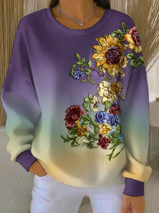 Kvinders blomster Print Ribbet rund hals sweatshirt