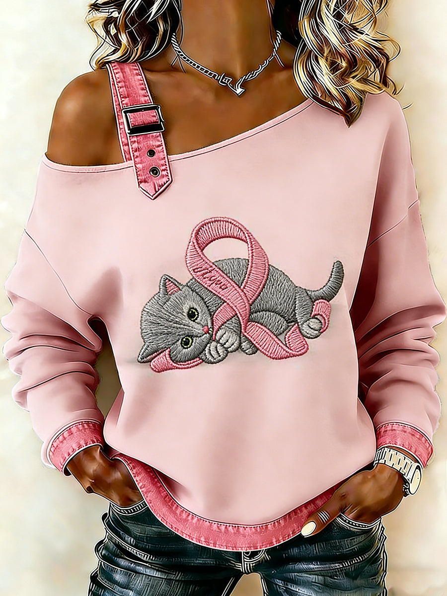 Kvinder brystkræft Animal Kat Printed en skulder Suspender Casual Sweater.