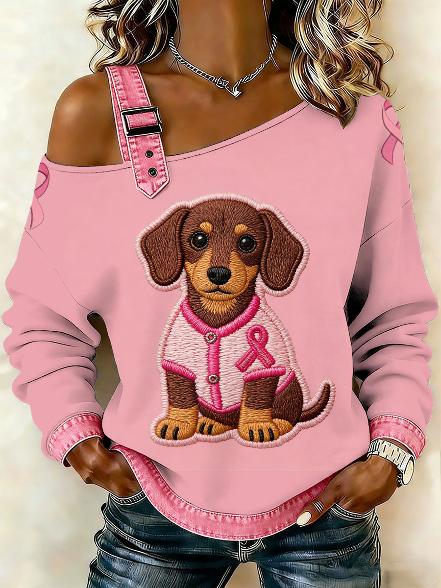 Kvinders brystkræft Printede en skulder Suspender Casual sweater.