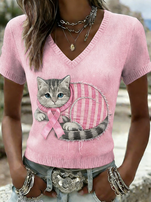 Kvinders Retro søde kat bryst kræft bevidsthed Casual strikke korte ærme T-shirt