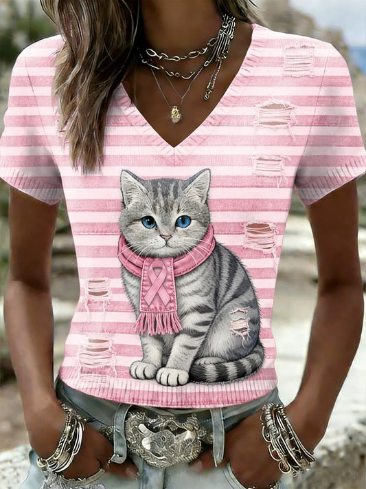 Kvinders Retro søde kat bryst kræft bevidsthed Casual strikke korte ærme T-shirt