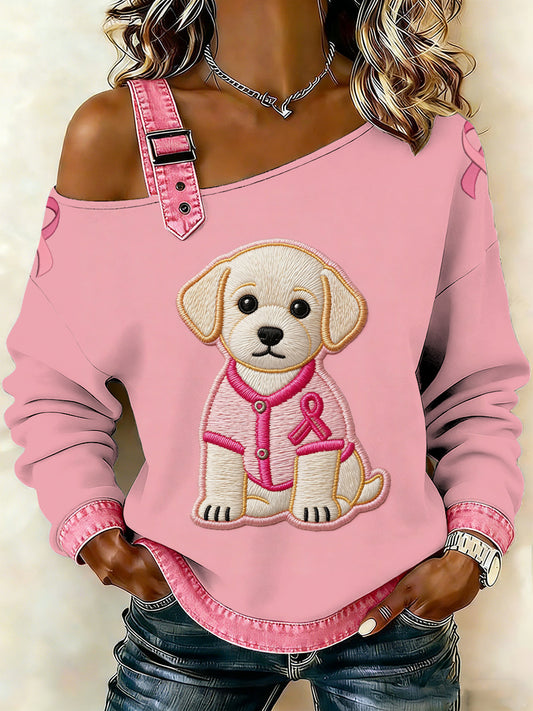 Kvinders brystkræft Printede en skulder Suspender Casual sweater.