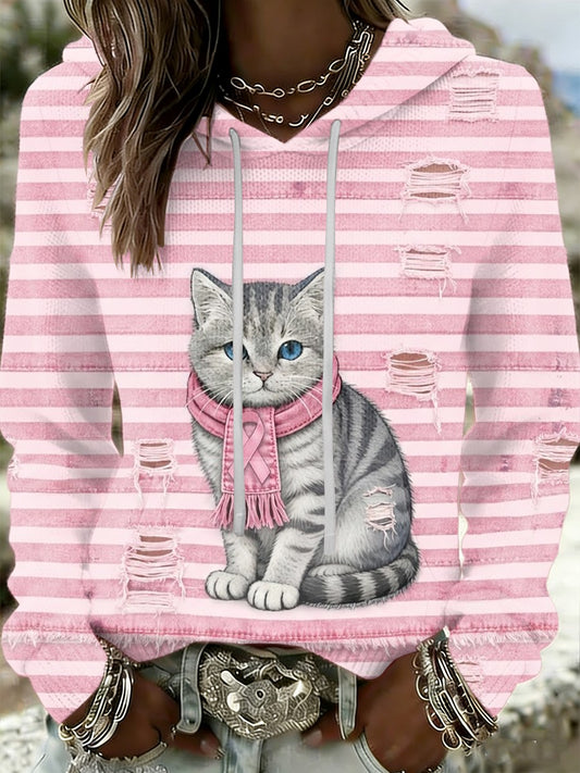 Kvinder Retro Kat brystkræft Forebyggelse Casual Hooded sweatshirt