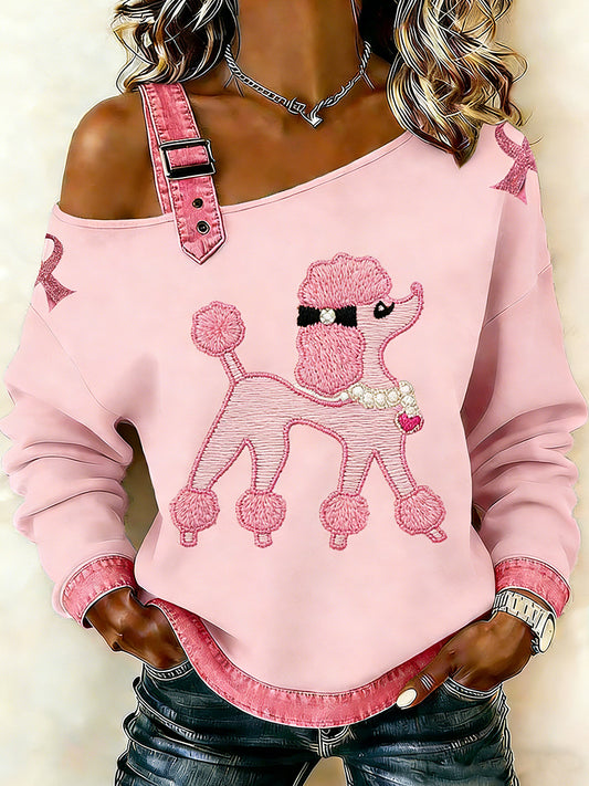 Kvinders brystkræft Animal Puddel Printede en skulder Suspender Casual Sweater.