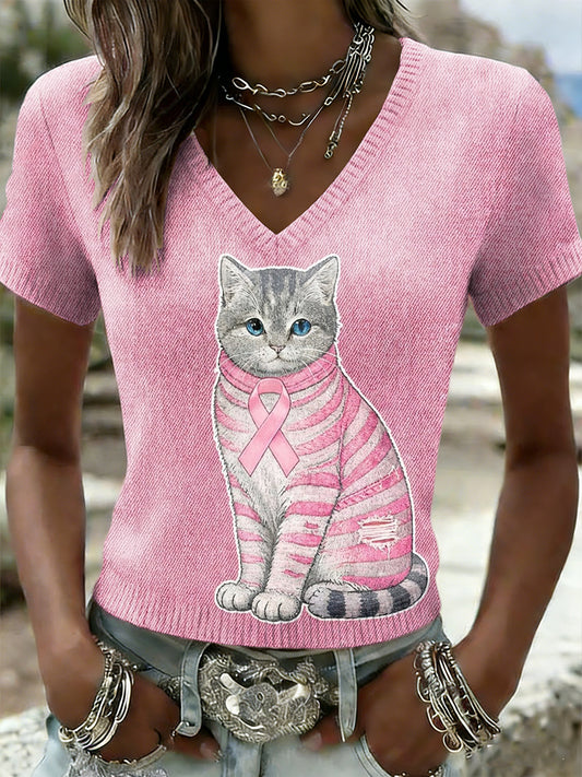 Kvinders Retro søde kat bryst kræft bevidsthed Casual strikke korte ærme T-shirt