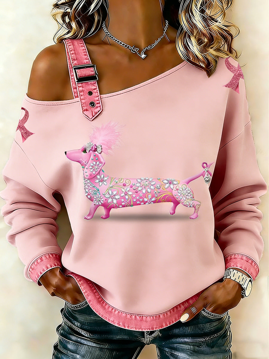 Kvinders brystkræft Animal Dachhund Printede en skulder Suspender Casual Sweater.