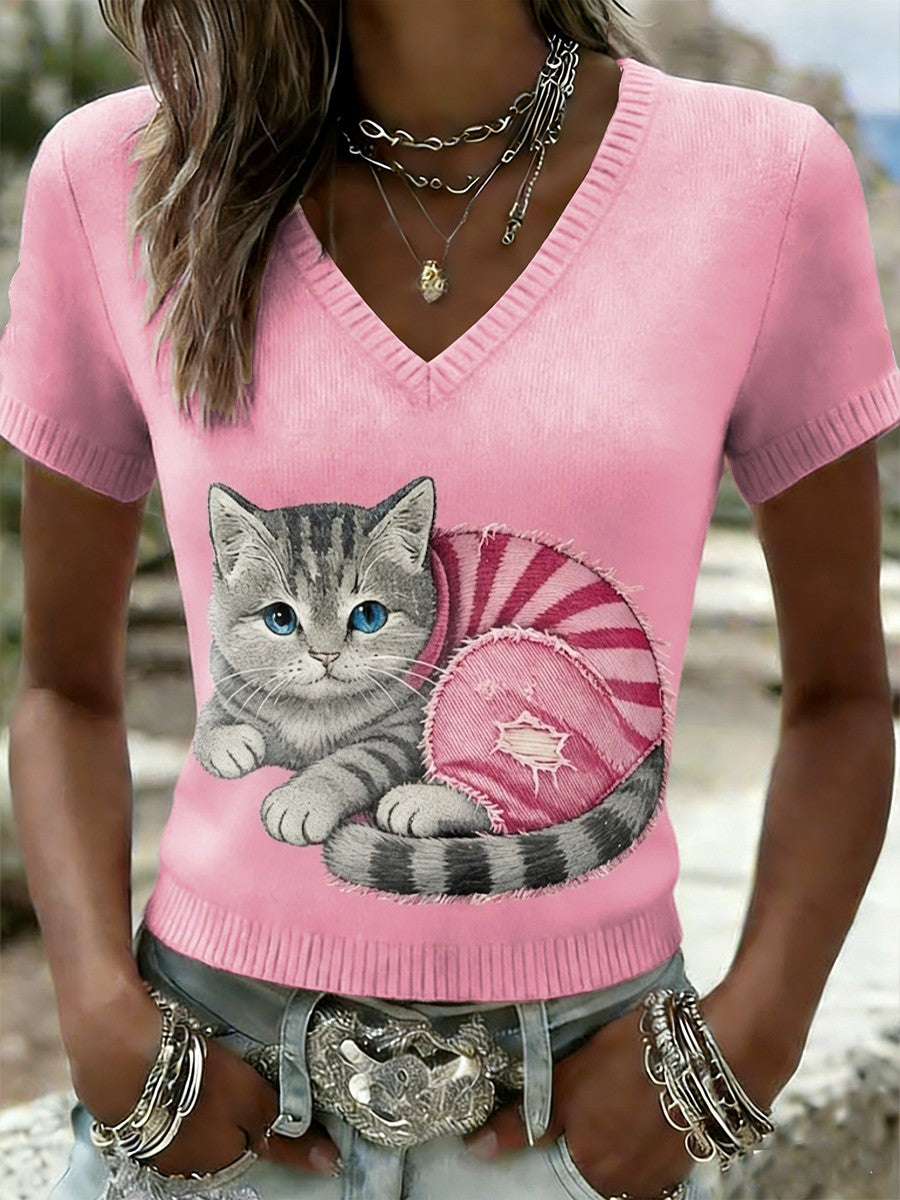 Kvinders Retro søde kat bryst kræft bevidsthed Casual strikke korte ærme T-shirt