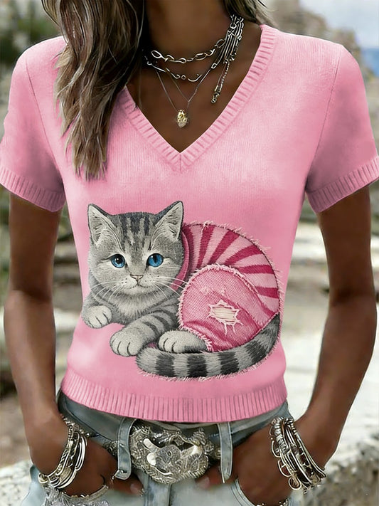 Kvinders Retro søde kat bryst kræft bevidsthed Casual strikke korte ærme T-shirt