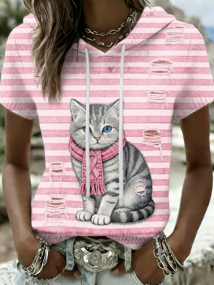 Kvinders Retro søde kat bryst kræft bevidsthed Casual Short-Sleeve T-Shirt