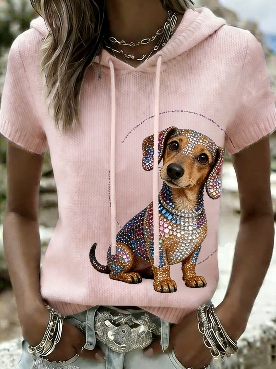 Kvinder Retro Diamond Dachhund Bryst kræft Forebyggelse Casual hættet kortærmet T-shirt