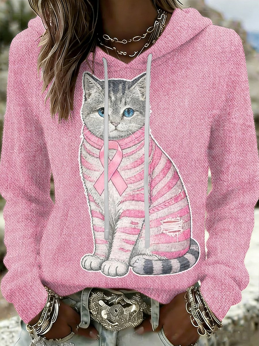 Kvinder Retro Kat brystkræft Forebyggelse Casual Hooded sweatshirt