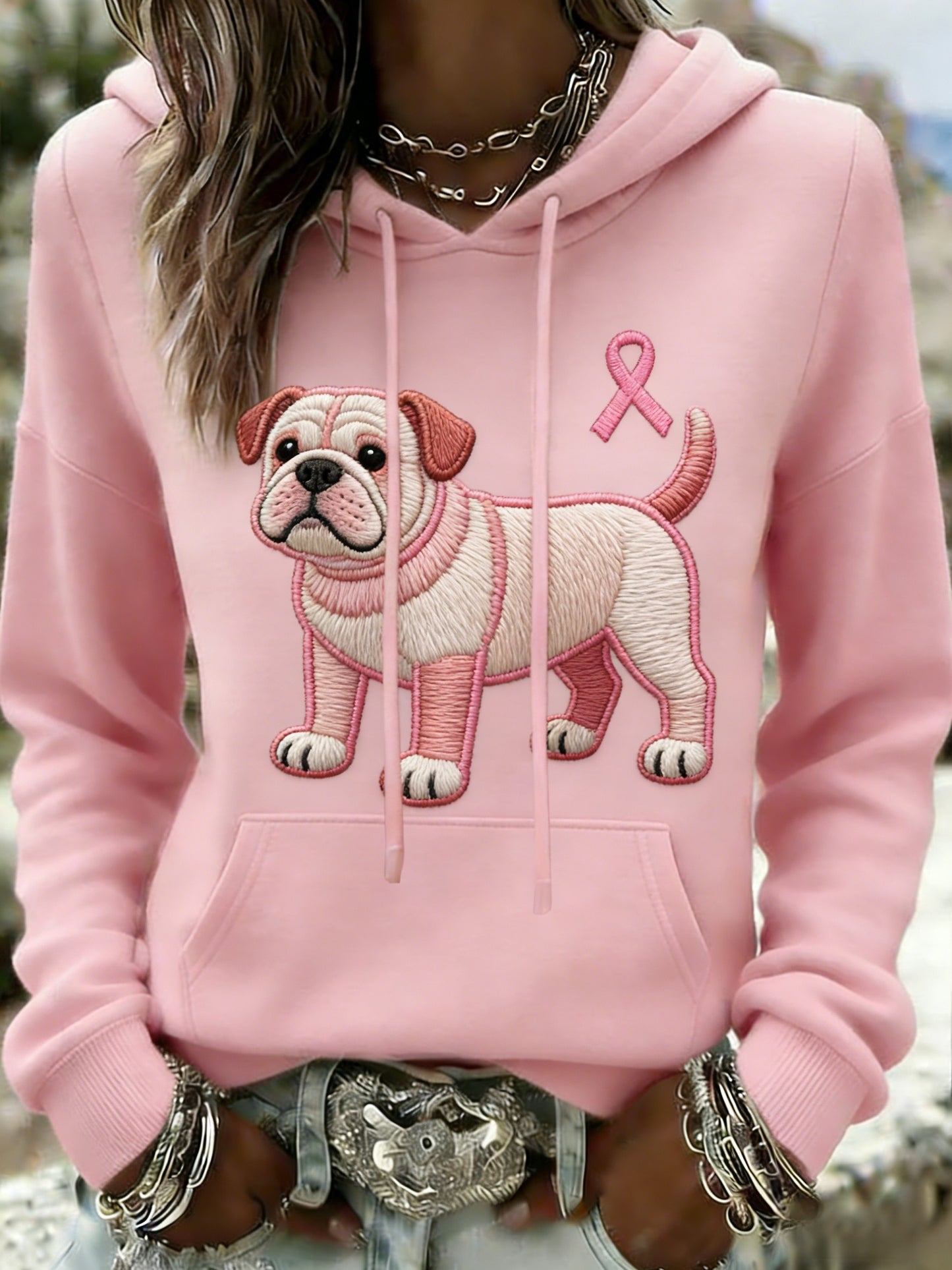 Kvinders Retro Bulldog Brystkræft bevidsthed Casual Hooded sweatshirt