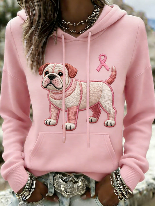Kvinders Retro Bulldog Brystkræft bevidsthed Casual Hooded sweatshirt