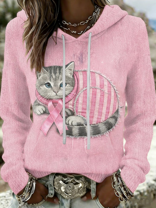 Kvinder Retro Kat brystkræft Forebyggelse Casual Hooded sweatshirt