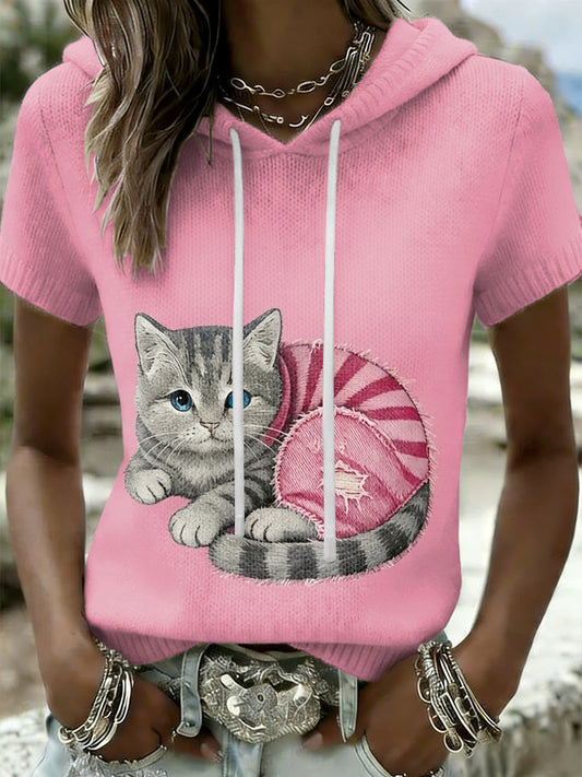 Kvinders Retro søde kat bryst kræft bevidsthed Casual Short-Sleeve T-Shirt